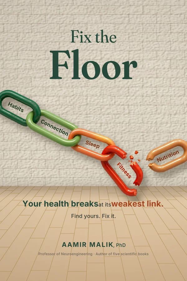 Fix the Floor — a chain of five links across a painted brick wall, the fourth broken and resting on the floor.